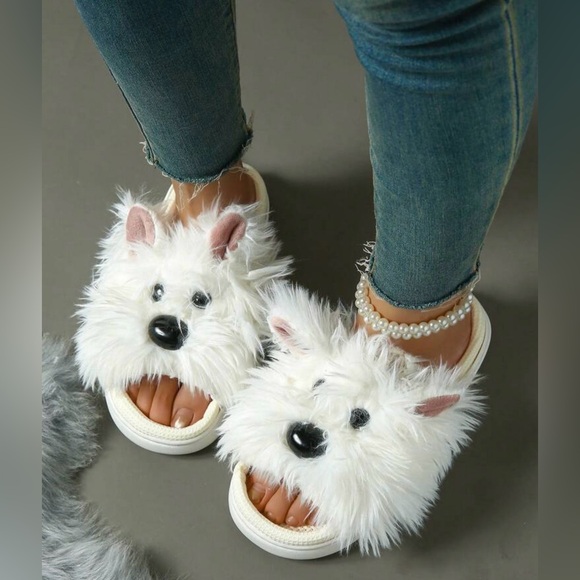 Dog Cloud Slides slippers puppy house shoes plush fur women’s teen’s 7 7.5 white - Picture 2 of 9